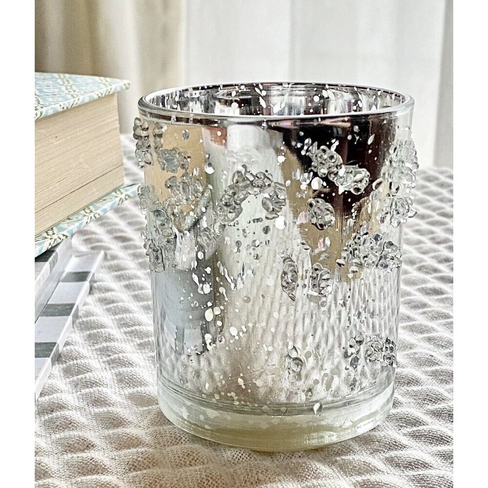 New Glam Luxe Shimmer Arctic Ice Silver Mercury Glass Light Up Flameless Candle
